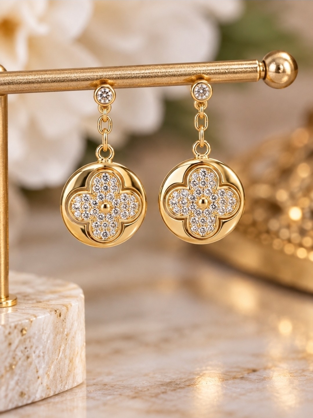 Gold Clover Dangle Earrings with Crystal Accent